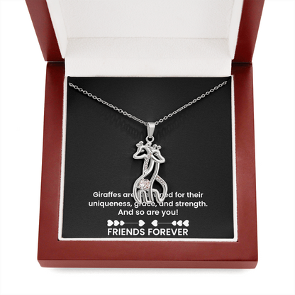 Forever Friends Giraffe Necklace – Meaningful Best Friend Gift with Cubic Zirconia, 14k White Gold or 18k Yellow Gold Finish