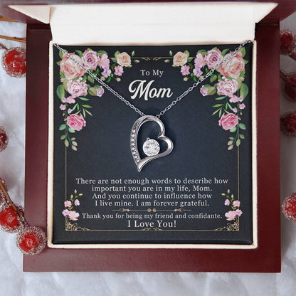 To My Mom, My Friend and Confidante - Forever Love Necklace + Black & White Gift Box or Mahogany Luxury Box w LED Light