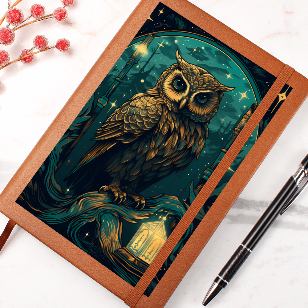 Green and Gold Owl Lantern  - Vegan Leather Graphic Journal