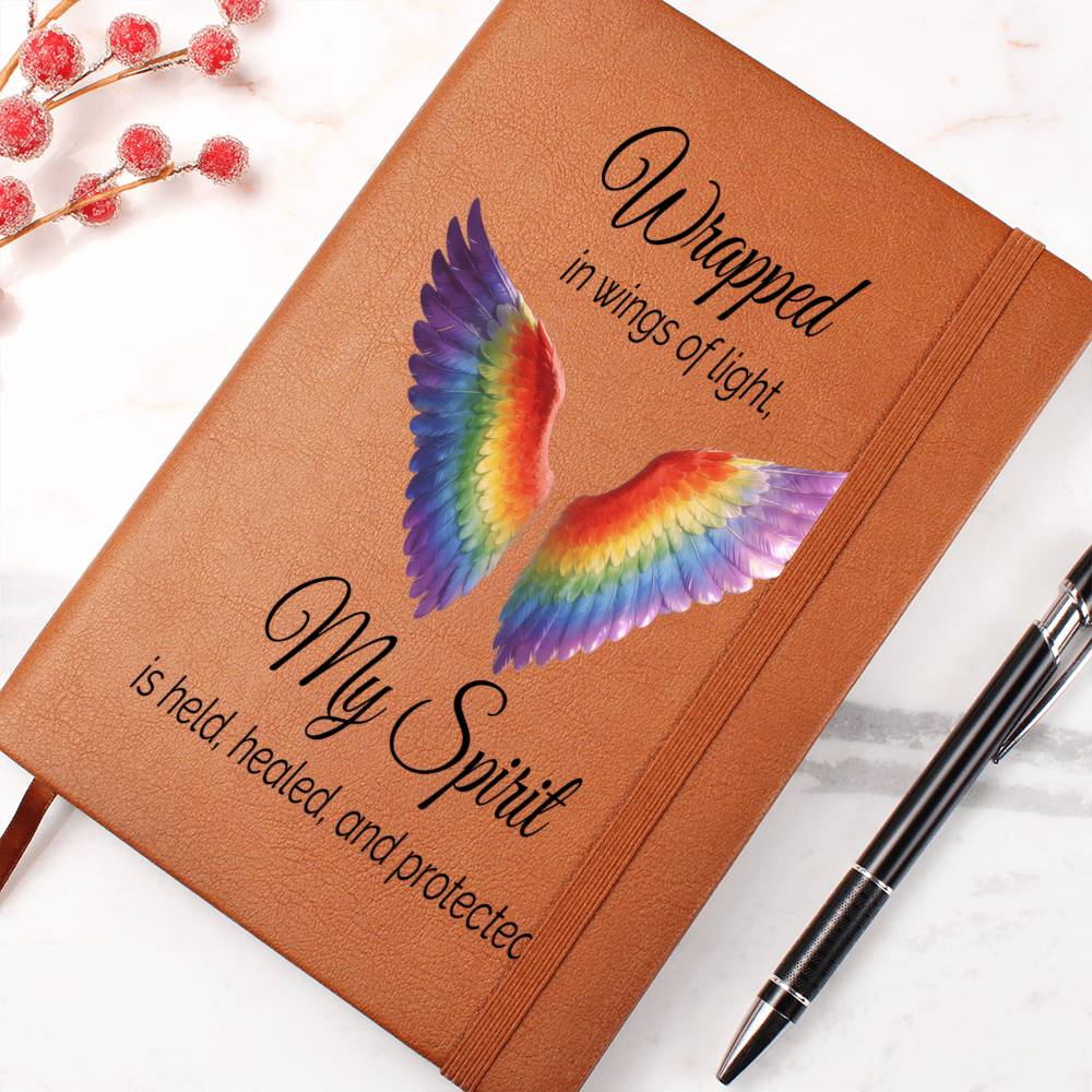 Chakra Wings - Wrapped in Wings of Light, My Spirit is Held, Healed and Protected Vegan Leather Graphic Journal