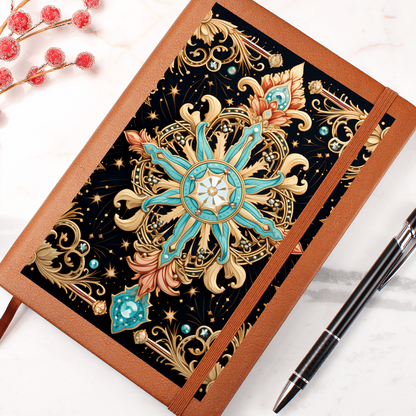 Turquoise and Gold Flourish Compass with Scrollwork – Vegan Leather Graphic Journal
