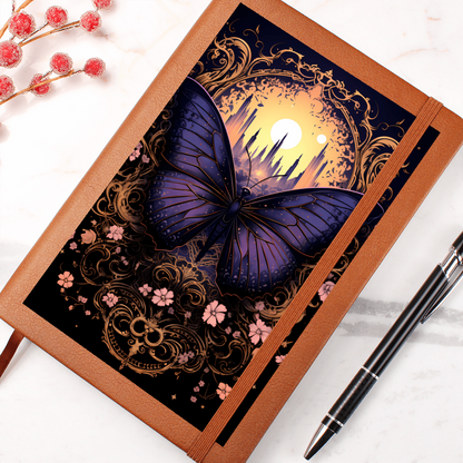 Deep Purple Butterfly, Pink Flowers, with Moon City - Vegan Leather Graphic Journal