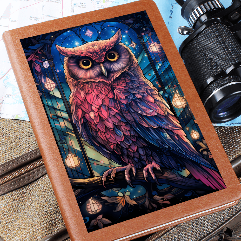 Pink Owl with Celestial Lights – Vegan Leather Graphic Journal