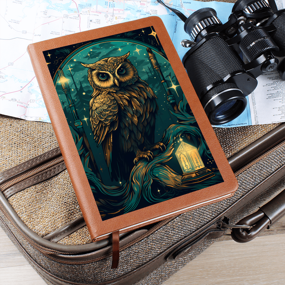 Green and Gold Owl Lantern  - Vegan Leather Graphic Journal