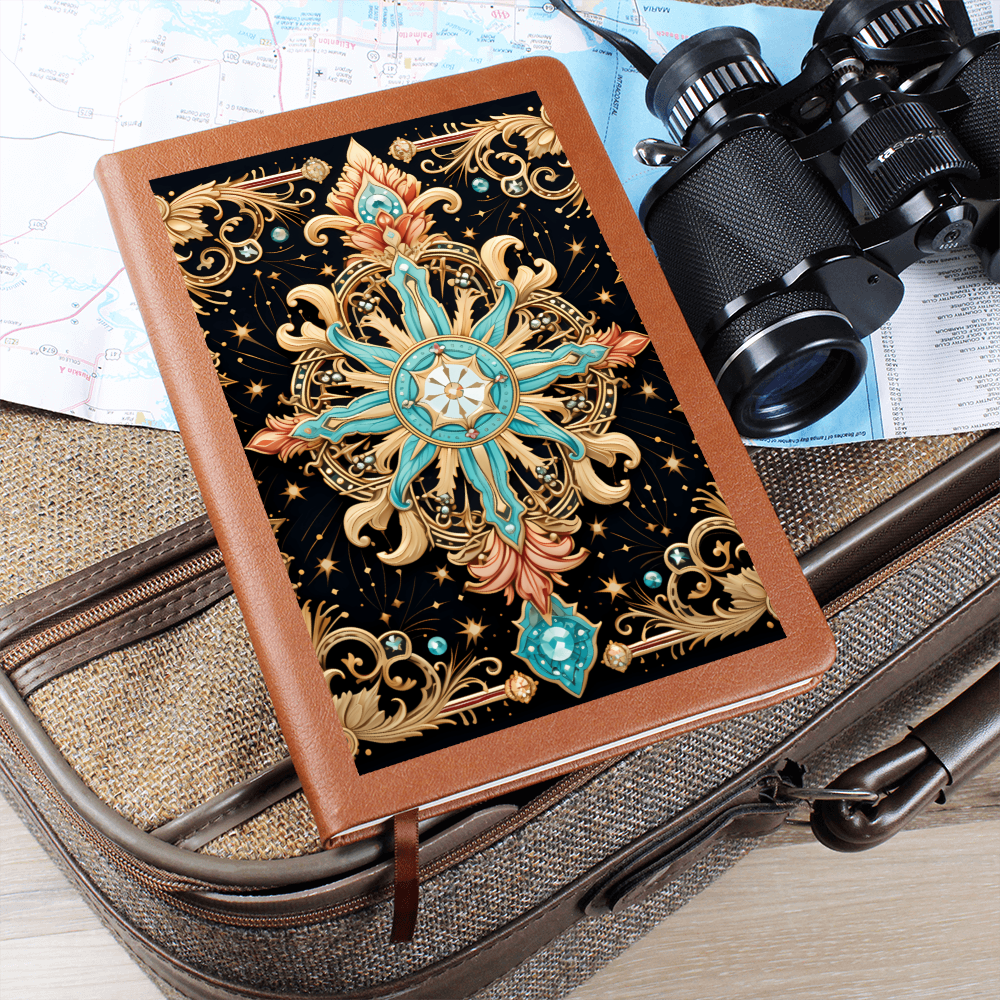 Turquoise and Gold Flourish Compass with Scrollwork – Vegan Leather Graphic Journal