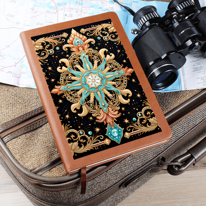 Turquoise and Gold Flourish Compass with Scrollwork – Vegan Leather Graphic Journal