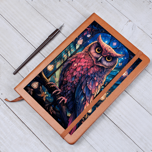 Pink Owl with Celestial Lights – Vegan Leather Graphic Journal