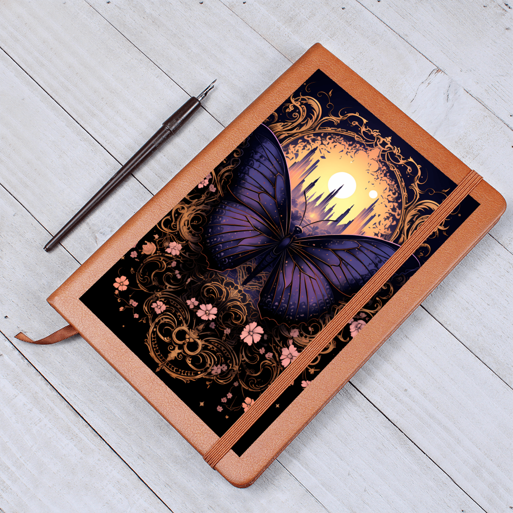 Deep Purple Butterfly, Pink Flowers, with Moon City - Vegan Leather Graphic Journal