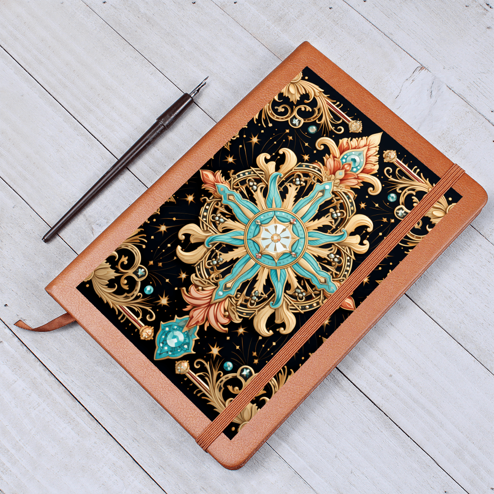 Turquoise and Gold Flourish Compass with Scrollwork – Vegan Leather Graphic Journal
