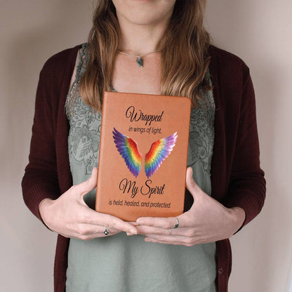 Chakra Wings - Wrapped in Wings of Light, My Spirit is Held, Healed and Protected Vegan Leather Graphic Journal