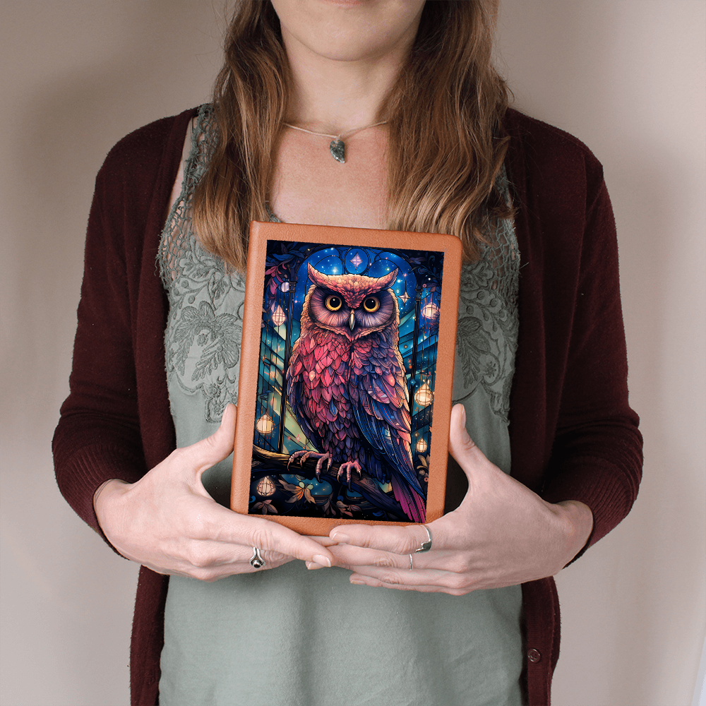 Pink Owl with Celestial Lights – Vegan Leather Graphic Journal