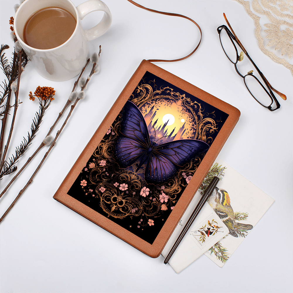 Deep Purple Butterfly, Pink Flowers, with Moon City - Vegan Leather Graphic Journal