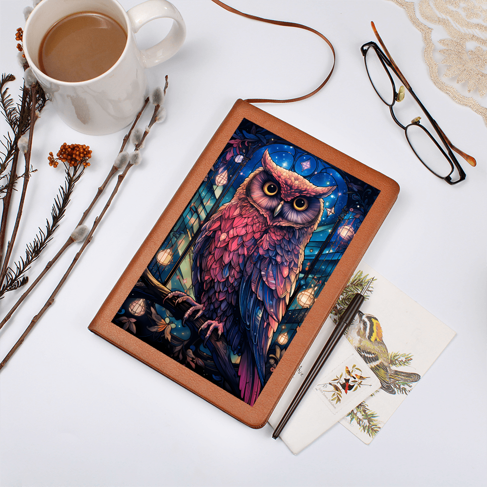 Pink Owl with Celestial Lights – Vegan Leather Graphic Journal