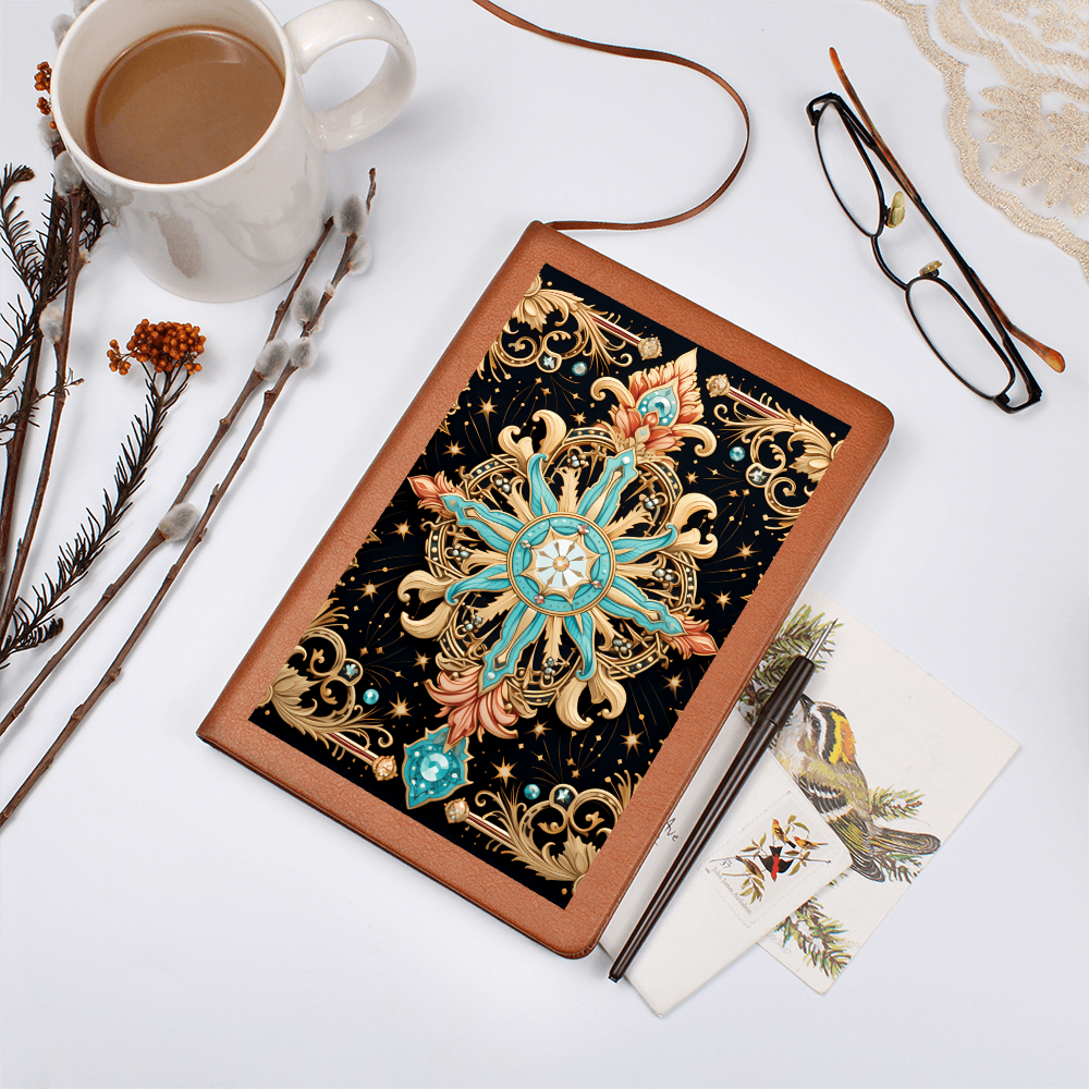 Turquoise and Gold Flourish Compass with Scrollwork – Vegan Leather Graphic Journal