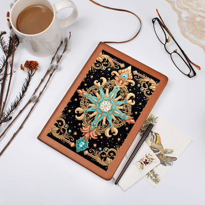 Turquoise and Gold Flourish Compass with Scrollwork – Vegan Leather Graphic Journal
