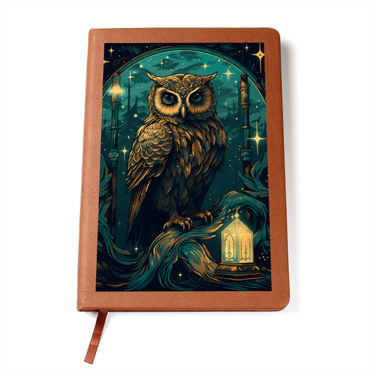 Green and Gold Owl Lantern  - Vegan Leather Graphic Journal