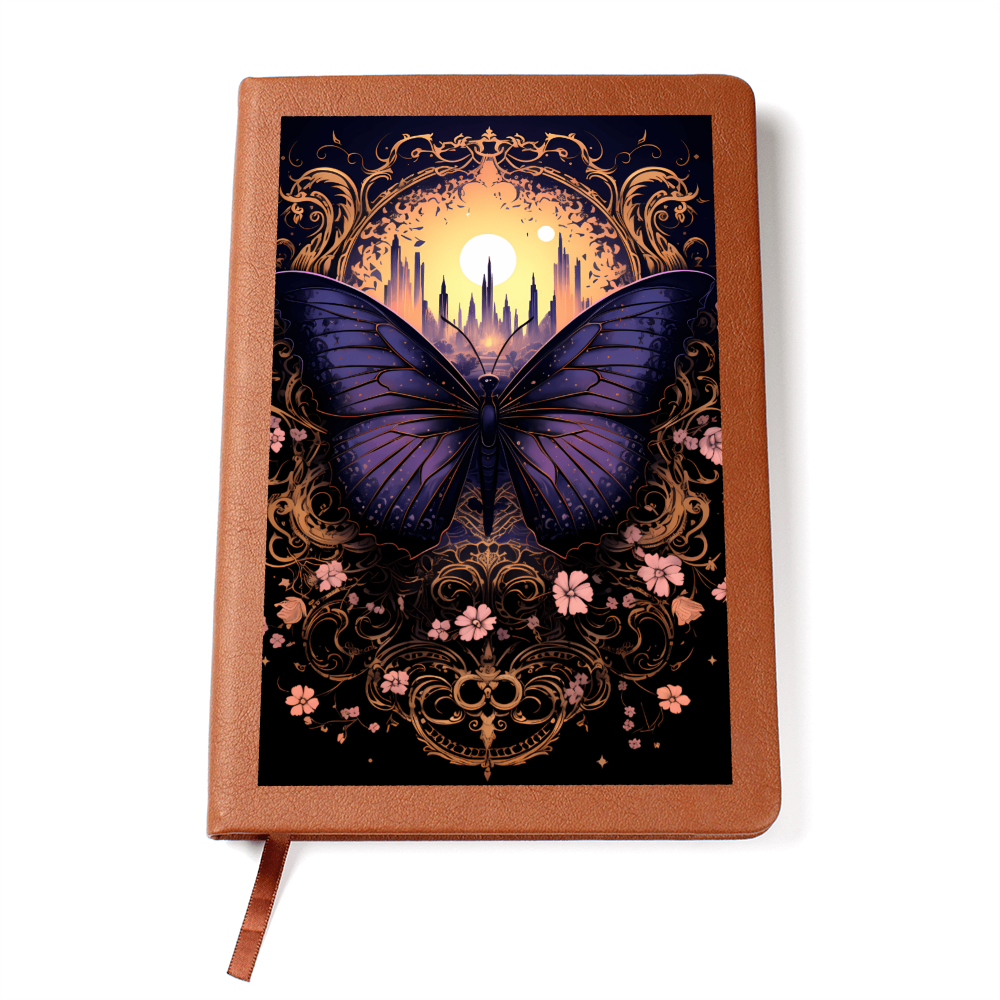 Deep Purple Butterfly, Pink Flowers, with Moon City - Vegan Leather Graphic Journal