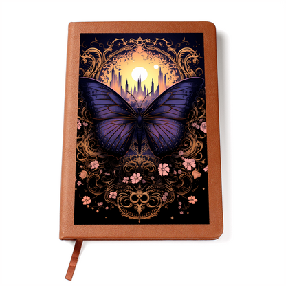 Deep Purple Butterfly, Pink Flowers, with Moon City - Vegan Leather Graphic Journal