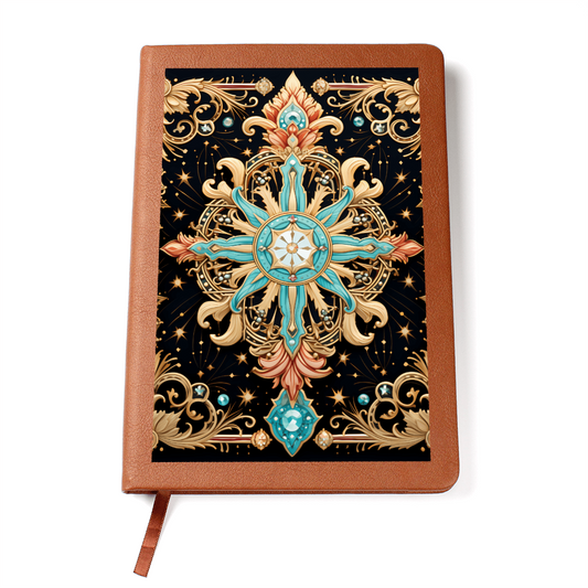 Turquoise and Gold Flourish Compass with Scrollwork – Vegan Leather Graphic Journal