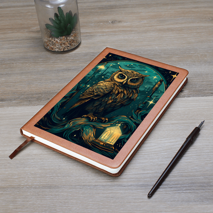 Green and Gold Owl Lantern  - Vegan Leather Graphic Journal
