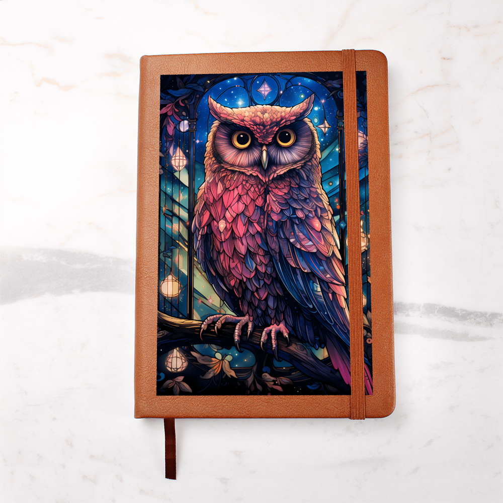 Pink Owl with Celestial Lights – Vegan Leather Graphic Journal