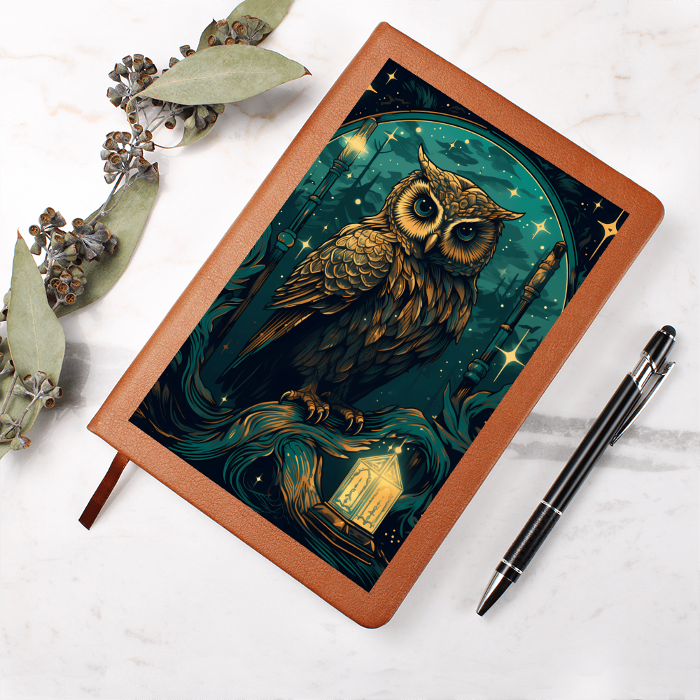 Green and Gold Owl Lantern  - Vegan Leather Graphic Journal