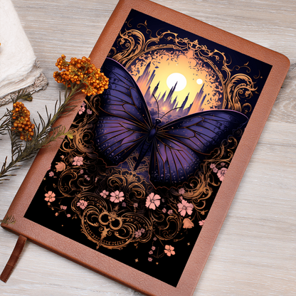 Deep Purple Butterfly, Pink Flowers, with Moon City - Vegan Leather Graphic Journal