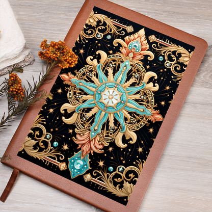 Turquoise and Gold Flourish Compass with Scrollwork – Vegan Leather Graphic Journal