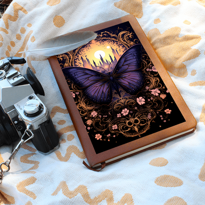 Deep Purple Butterfly, Pink Flowers, with Moon City - Vegan Leather Graphic Journal