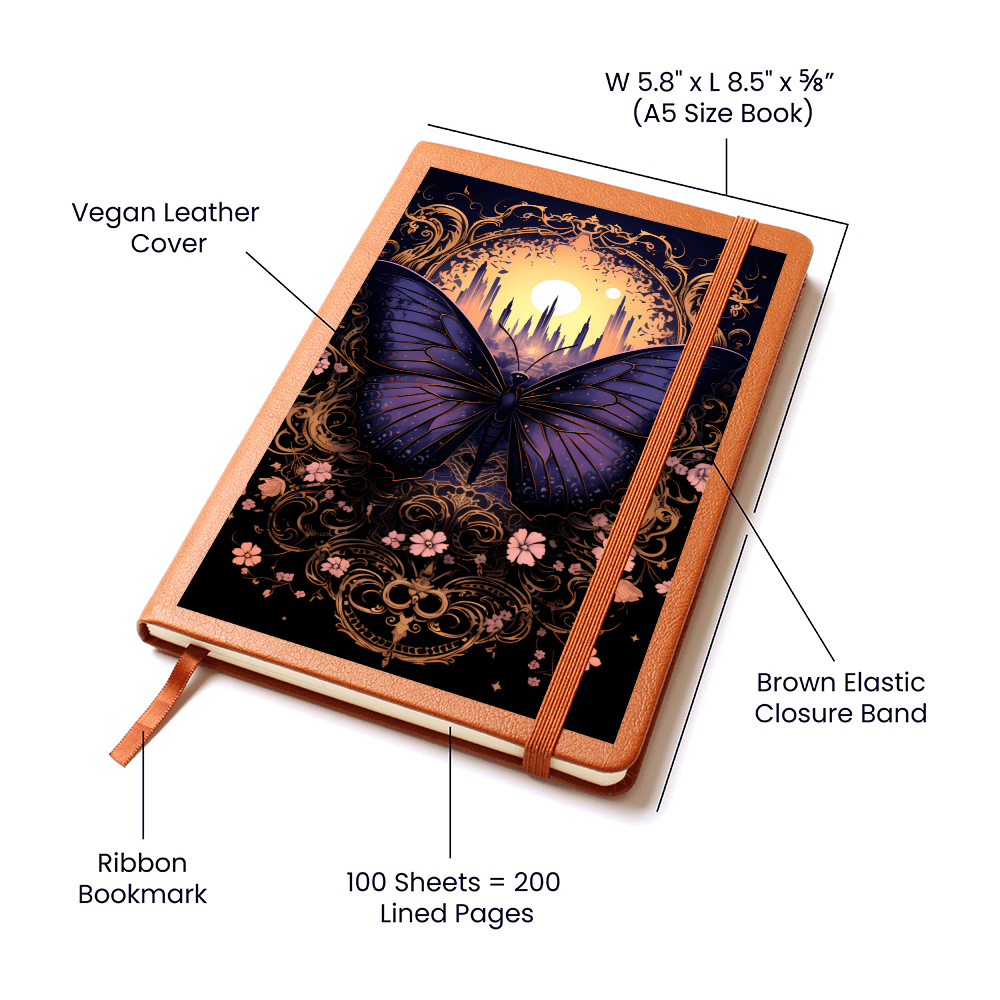 Deep Purple Butterfly, Pink Flowers, with Moon City - Vegan Leather Graphic Journal