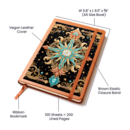 Turquoise and Gold Flourish Compass with Scrollwork – Vegan Leather Graphic Journal