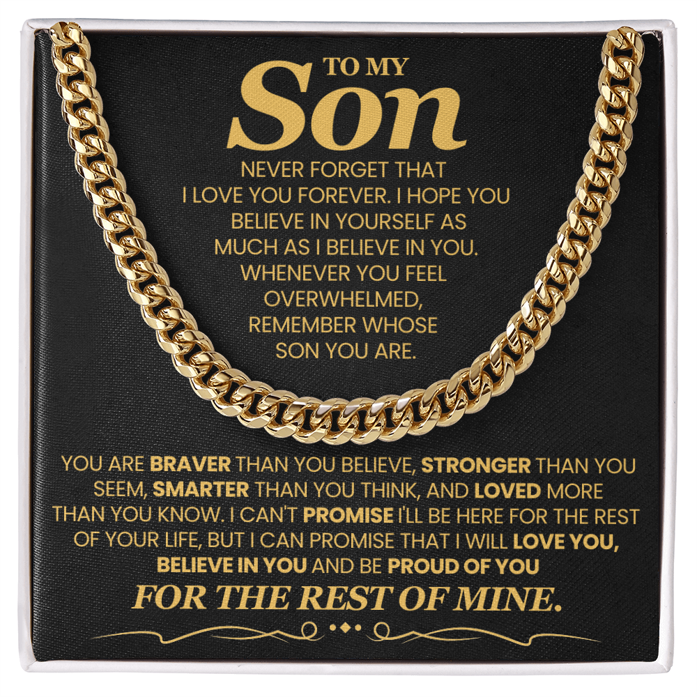 To My Son, Brave Strong Smart and Loved  - Cuban Link Chain Message Card Jewelry