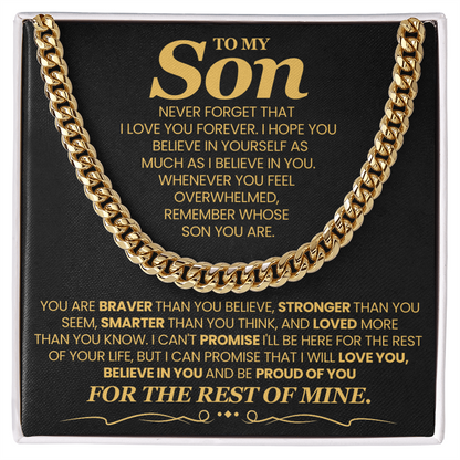 To My Son, Brave Strong Smart and Loved  - Cuban Link Chain Message Card Jewelry