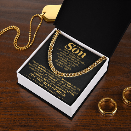 To My Son, Brave Strong Smart and Loved  - Cuban Link Chain Message Card Jewelry