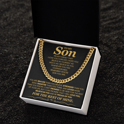 To My Son, Brave Strong Smart and Loved  - Cuban Link Chain Message Card Jewelry