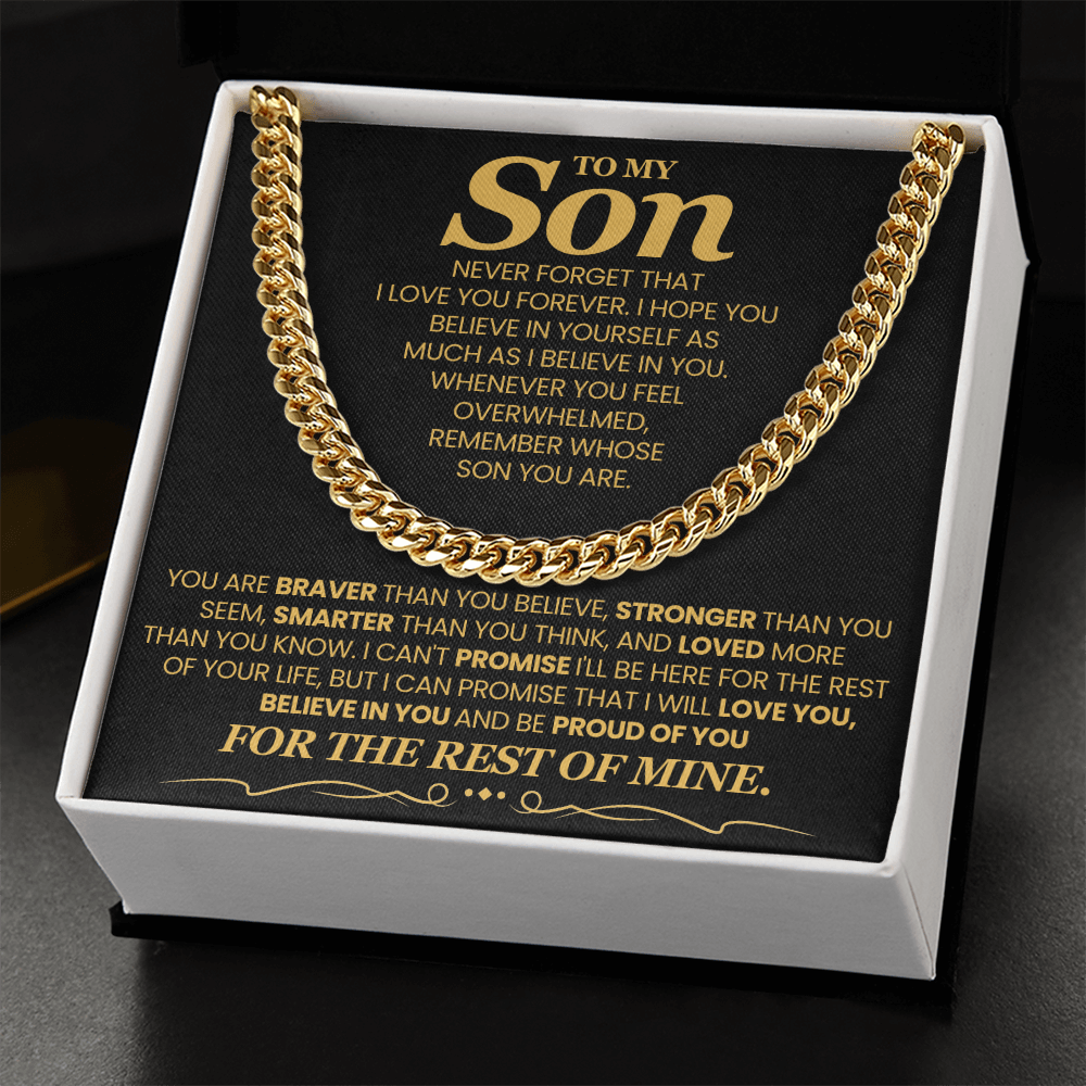 To My Son, Brave Strong Smart and Loved  - Cuban Link Chain Message Card Jewelry
