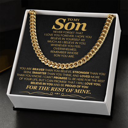 To My Son, Brave Strong Smart and Loved  - Cuban Link Chain Message Card Jewelry