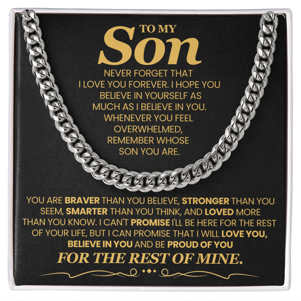 To My Son, Brave Strong Smart and Loved  - Cuban Link Chain Message Card Jewelry