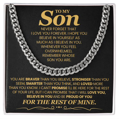To My Son, Brave Strong Smart and Loved  - Cuban Link Chain Message Card Jewelry
