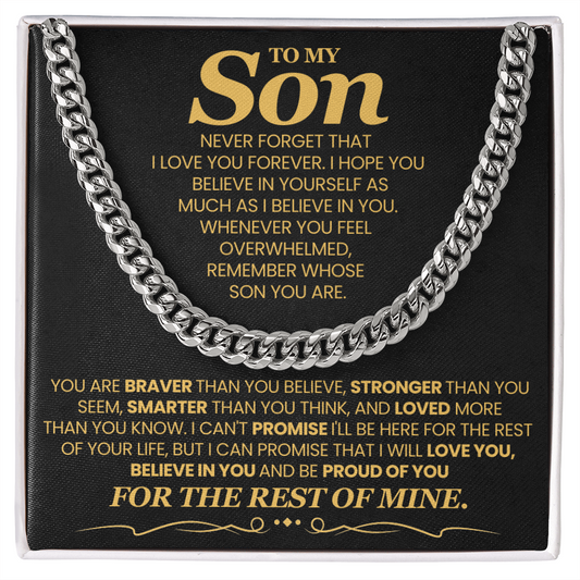 To My Son, Brave Strong Smart and Loved  - Cuban Link Chain Message Card Jewelry