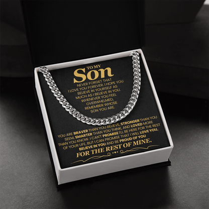 To My Son, Brave Strong Smart and Loved  - Cuban Link Chain Message Card Jewelry
