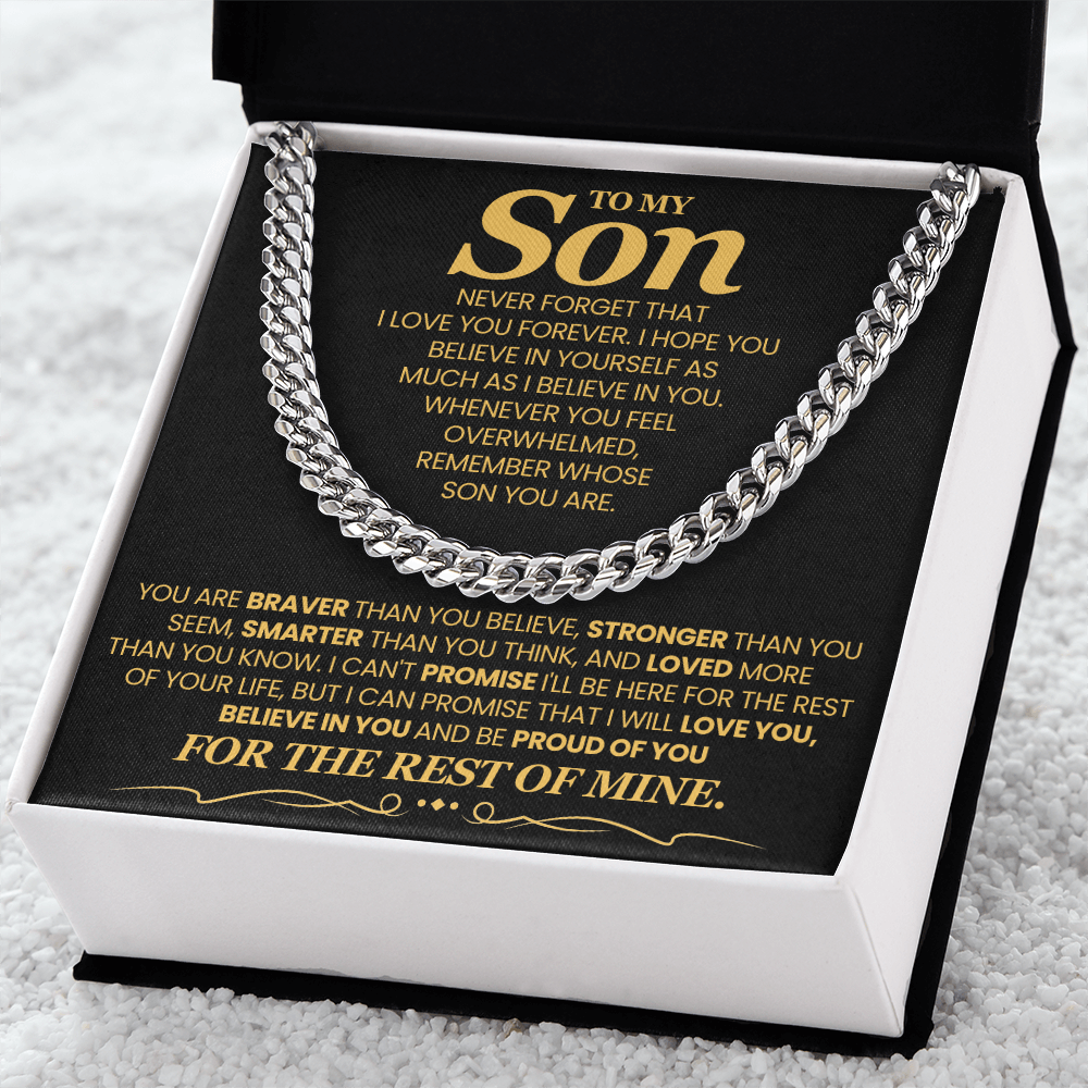 To My Son, Brave Strong Smart and Loved  - Cuban Link Chain Message Card Jewelry