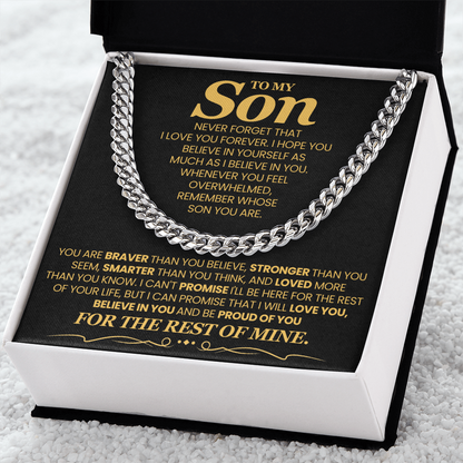 To My Son, Brave Strong Smart and Loved  - Cuban Link Chain Message Card Jewelry