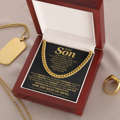 To My Son, Brave Strong Smart and Loved  - Cuban Link Chain Message Card Jewelry