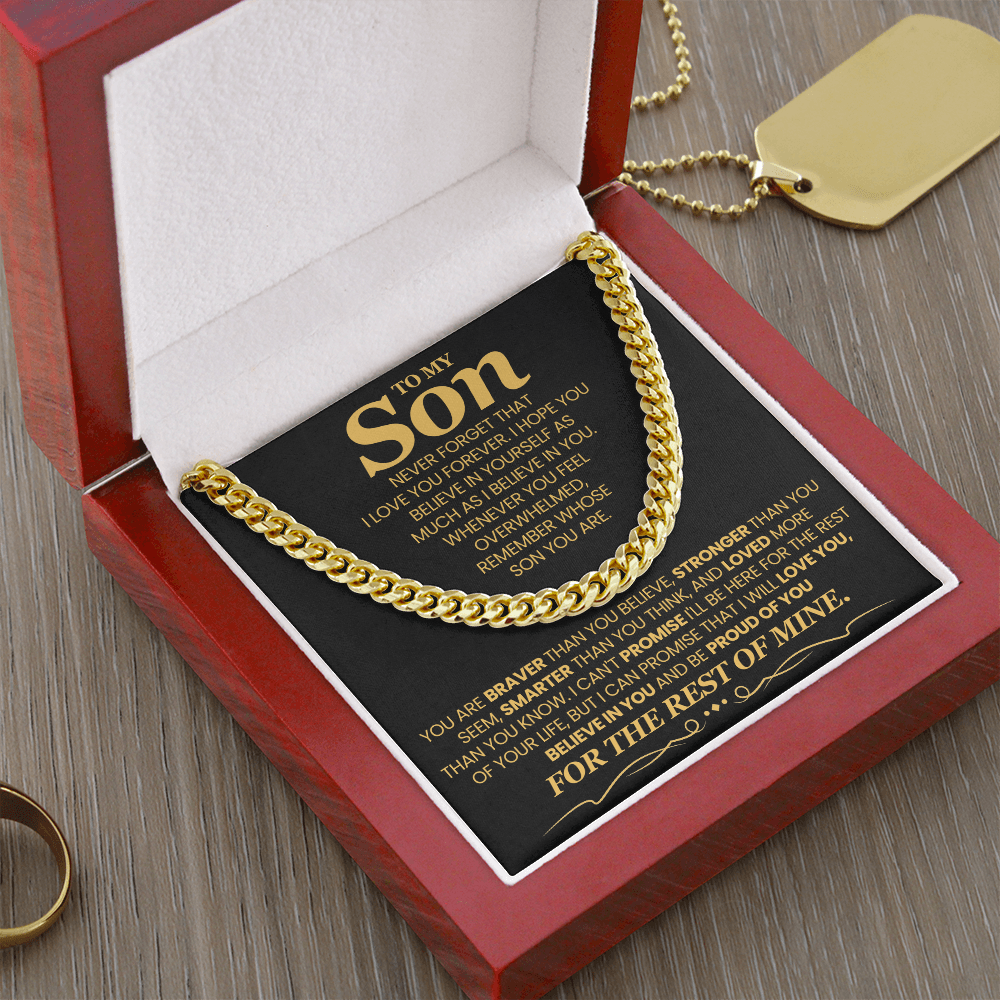 To My Son, Brave Strong Smart and Loved  - Cuban Link Chain Message Card Jewelry