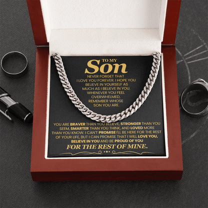 To My Son, Brave Strong Smart and Loved  - Cuban Link Chain Message Card Jewelry
