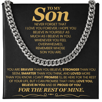 To My Son, Brave Strong Smart and Loved  - Cuban Link Chain Message Card Jewelry