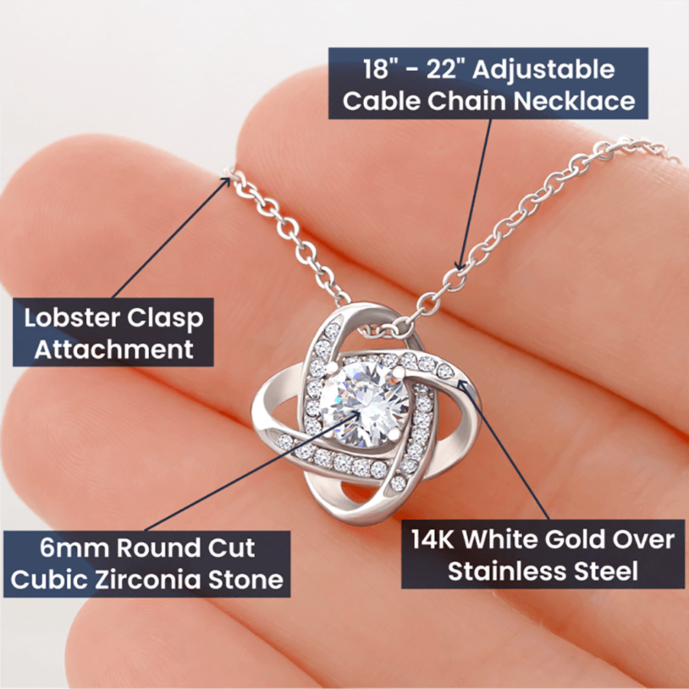 Love Knot Necklace 14k White Gold Over Stainless Steel or 18k Yellow Gold Over Stainless Steel 6mm Round Cut Cubic Zirconia Stone  (No Message Card)