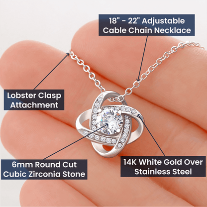 Love Knot Necklace 14k White Gold Over Stainless Steel or 18k Yellow Gold Over Stainless Steel 6mm Round Cut Cubic Zirconia Stone  (No Message Card)