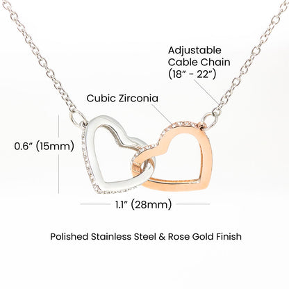 Interlocking Hearts Necklace polished surgical steel and rose gold finish or 18k yellow gold finish with CZ crystals (No Message Card)